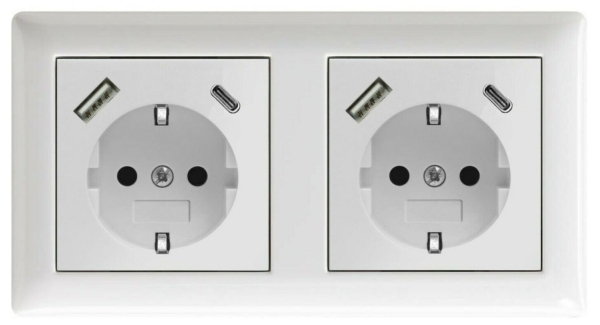 2USB 2-fach-Aufputz-Steckdose für Montage auf Schalterdosen, 16 A, 2  USB-Ports, reinweiß glänzend